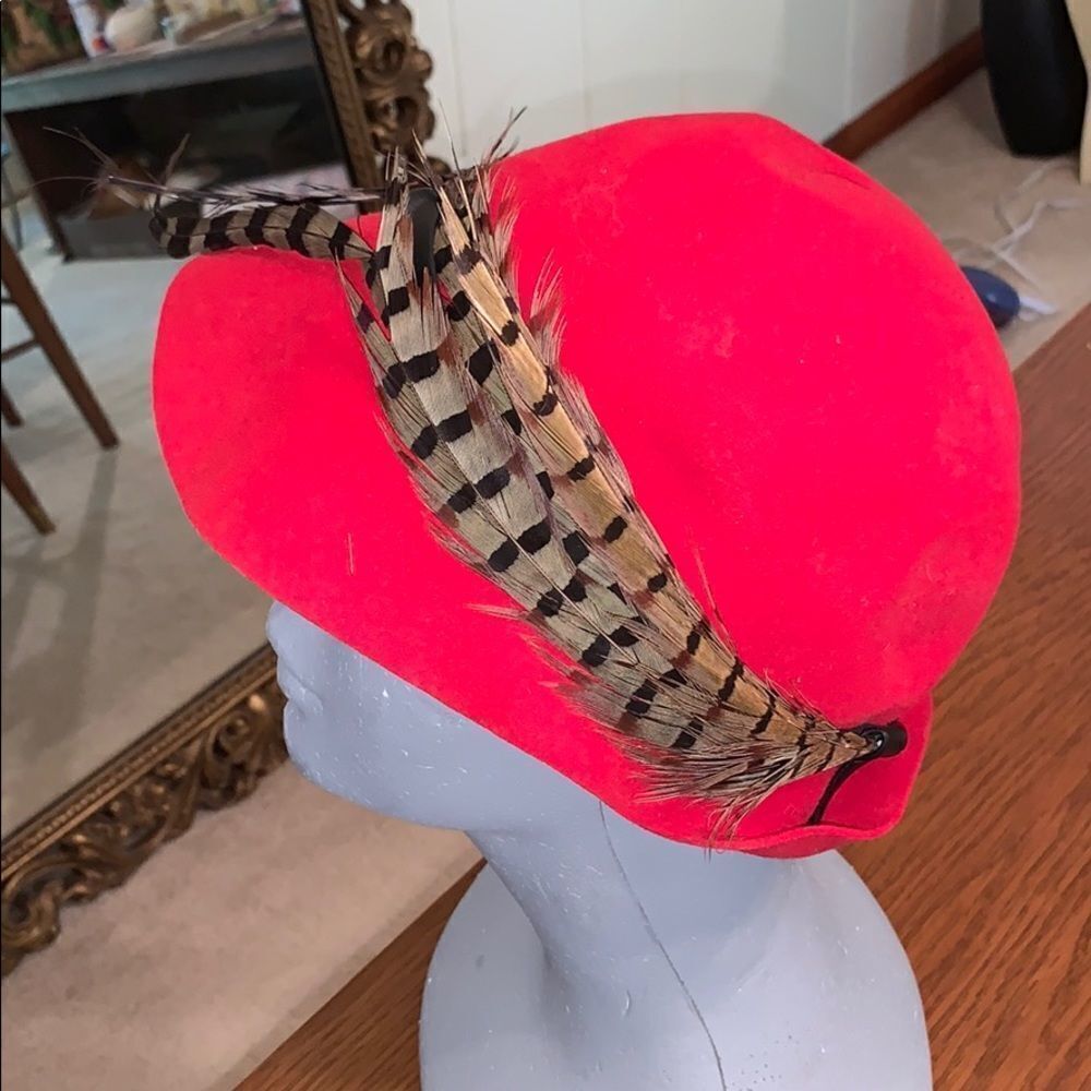 Vintage‎ 60’s Adolfo II red felt hat with feathers